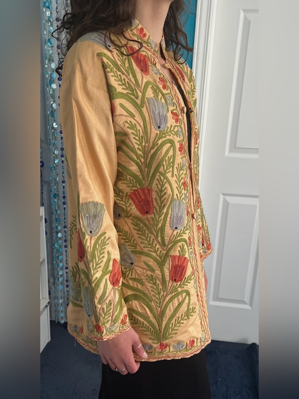 Soft Yellow Embroidered Long Tunic • Raw Silk Look & Feel • Red Blue Poppies - Picture 2 of 12